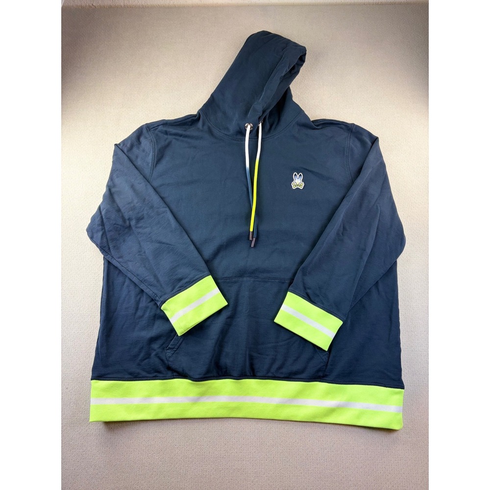 Psycho Bunny Mens Navy Blue Neon Yellow Stripe Pullover Hoodie Logo Size 2XL